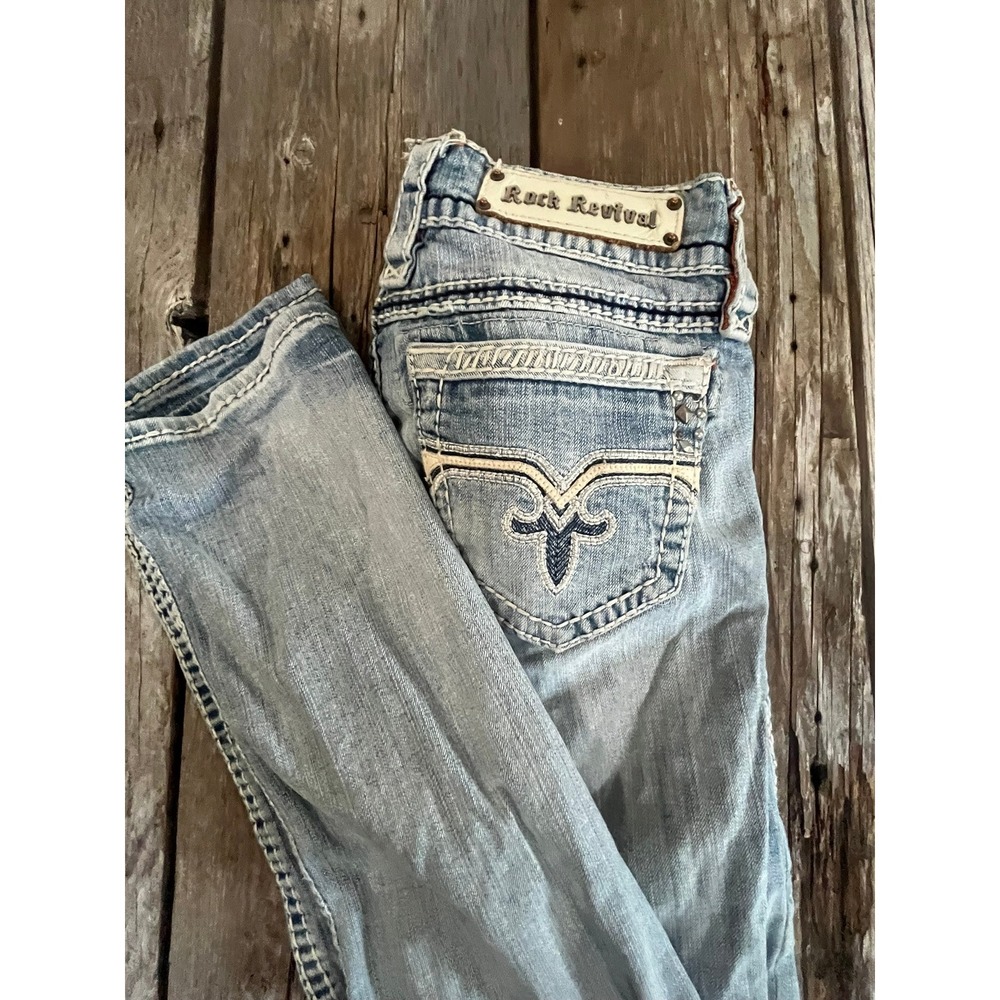 Rock Revival Bootcut Jeans Light Wash Distressed Embellished Studded Size 28 - Picture 12 of 14